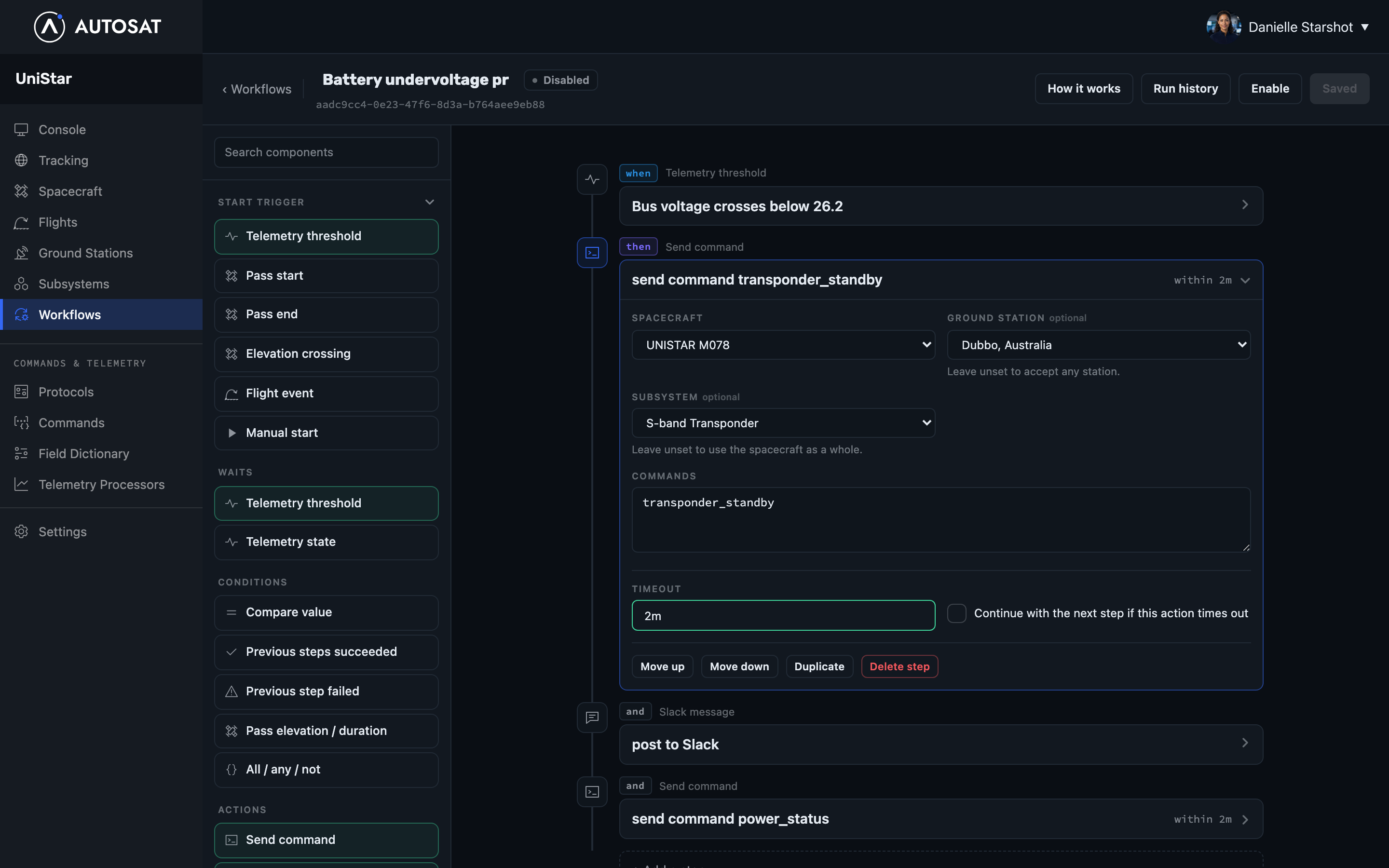 AutoSat workflow editor showing a battery undervoltage response built from a telemetry
                    trigger, a send command step and a Slack notification